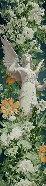 Free angel bookmark featuring a green floral design with an angel statue